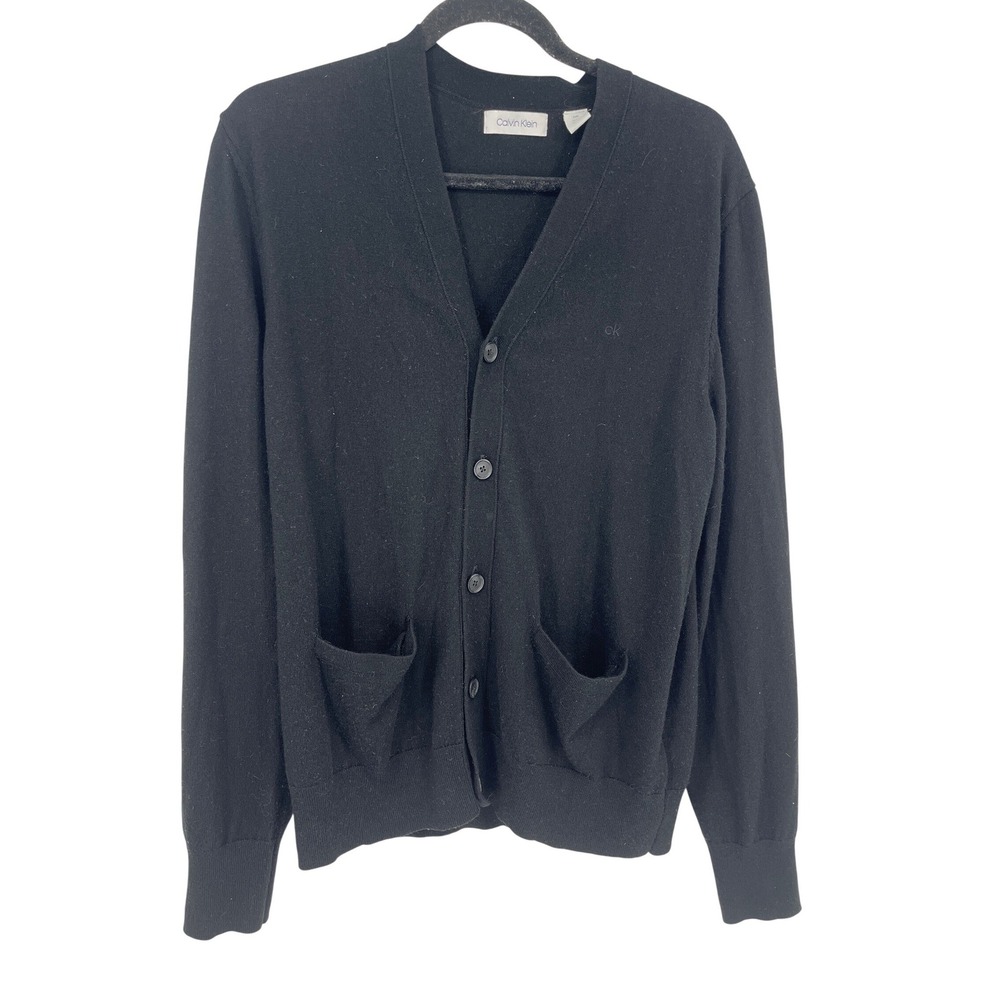 Calvin‎ Klein Cardigan Mens L Black Wool Blend V-Neck Button Front Pockets